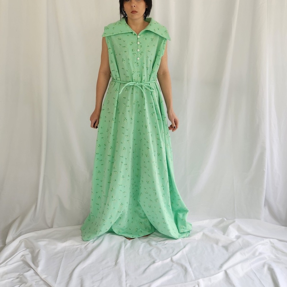 70s Home Made Green Floral Sleeveless Maxi Dress - Picture 1 of 5